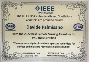 IEEE-GRS29-Italy’s 2022 Best Remote Sensing Award to Davide Palmisano for his PhD Thesis carried out at IREA